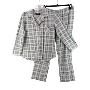 Lauren Ralph Lauren Pajama Set Womens Large 2pc Grey Plaid Fleece Cozy Classic